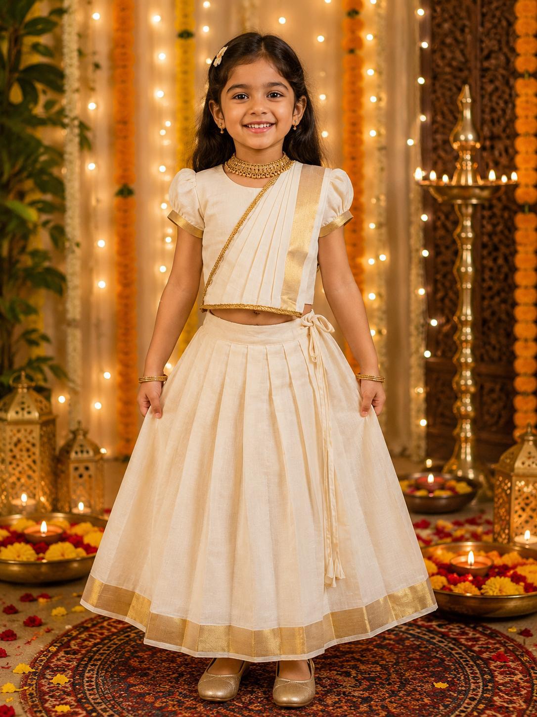Kerala Kasavu Dhavani Set for Girls – Traditional Half Saree Style-Delivery from second week of July